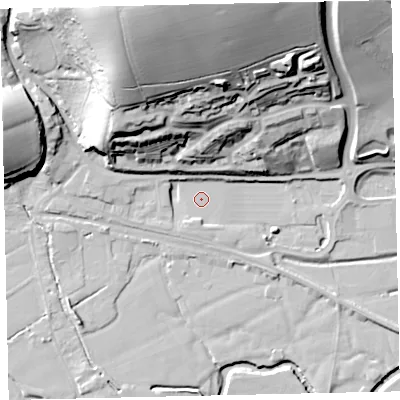 Shaded relief map of the ground around EX173FD, computed from Environment Agency LiDAR. The ground here sits at about 39 m above sea level and falls 56 m across the surrounding 800 m. Surface water reaching this point runs off ground lying to the north-north-west, 51.9 m higher.