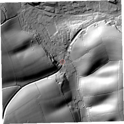 Shaded relief map of the ground around EX173FS, computed from Environment Agency LiDAR. The ground here sits at about 63 m above sea level and falls 66 m across the surrounding 800 m. Surface water reaching this point runs off ground lying to the south-west, 43.5 m higher.
