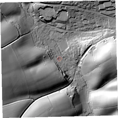 Shaded relief map of the ground around EX173JE, computed from Environment Agency LiDAR. The ground here sits at about 65 m above sea level and falls 61 m across the surrounding 800 m. Surface water reaching this point runs off ground lying to the east, 54.4 m higher.