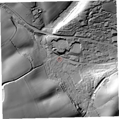 Shaded relief map of the ground around EX173JJ, computed from Environment Agency LiDAR. The ground here sits at about 69 m above sea level and falls 71 m across the surrounding 800 m. Surface water reaching this point runs off ground lying to the north, 20.5 m higher.