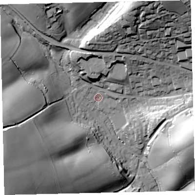 Shaded relief map of the ground around EX173NZ, computed from Environment Agency LiDAR. The ground here sits at about 68 m above sea level and falls 67 m across the surrounding 800 m. Surface water reaching this point runs off ground lying to the north-north-east, 44.0 m higher.