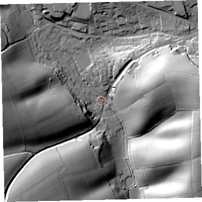 Shaded relief map of the ground around EX173PE, computed from Environment Agency LiDAR. The ground here sits at about 63 m above sea level and falls 66 m across the surrounding 800 m. Surface water reaching this point runs off ground lying to the east-north-east, 57.2 m higher.