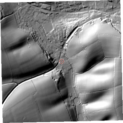 Shaded relief map of the ground around EX173PF, computed from Environment Agency LiDAR. The ground here sits at about 62 m above sea level and falls 68 m across the surrounding 800 m. Surface water reaching this point runs off ground lying to the south-west, 42.6 m higher.
