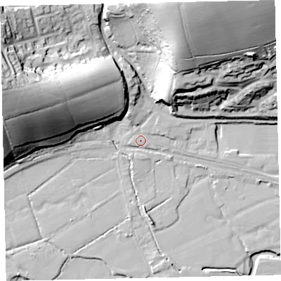 Shaded relief map of the ground around EX173PP, computed from Environment Agency LiDAR. The ground here sits at about 41 m above sea level and falls 55 m across the surrounding 800 m. Surface water reaching this point runs off ground lying to the north-west, 29.6 m higher.