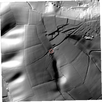 Shaded relief map of the ground around EX173PQ, computed from Environment Agency LiDAR. The ground here sits at about 104 m above sea level and falls 74 m across the surrounding 800 m. Surface water reaching this point runs off ground lying to the north-north-west, 22.9 m higher.