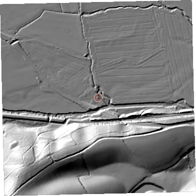 Shaded relief map of the ground around EX173PW, computed from Environment Agency LiDAR. The ground here sits at about 34 m above sea level and falls 50 m across the surrounding 800 m. Surface water reaching this point runs off ground lying to the north-west, 5.7 m higher.