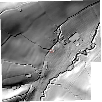 Shaded relief map of the ground around EX173QB, computed from Environment Agency LiDAR. The ground here sits at about 65 m above sea level and falls 73 m across the surrounding 800 m. Surface water reaching this point runs off ground lying to the north-west, 51.7 m higher.
