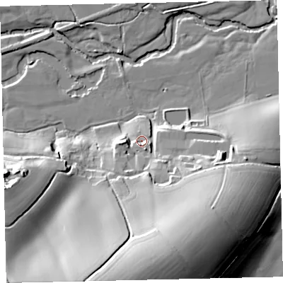 Shaded relief map of the ground around EX173QL, computed from Environment Agency LiDAR. The ground here sits at about 50 m above sea level and falls 54 m across the surrounding 800 m. Surface water reaching this point runs off ground lying to the east-south-east, 5.2 m higher.