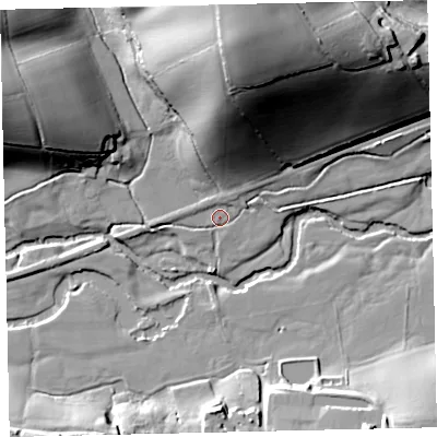 Shaded relief map of the ground around EX173QN, computed from Environment Agency LiDAR. The ground here sits at about 46 m above sea level and falls 55 m across the surrounding 800 m. Surface water reaching this point runs off ground lying to the north, 2.3 m higher.