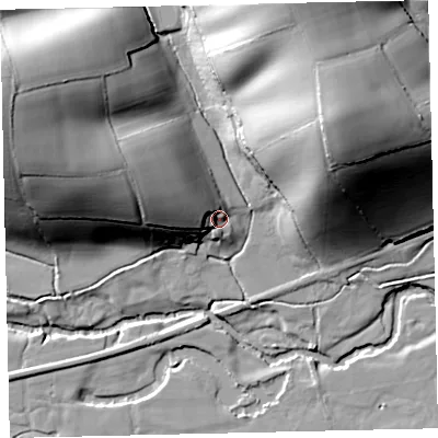 Shaded relief map of the ground around EX173QP, computed from Environment Agency LiDAR. The ground here sits at about 51 m above sea level and falls 55 m across the surrounding 800 m. Surface water reaching this point runs off ground lying to the west-north-west, 14.2 m higher.