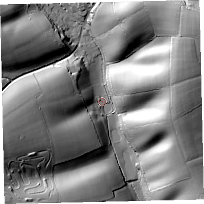 Shaded relief map of the ground around EX173QU, computed from Environment Agency LiDAR. The ground here sits at about 58 m above sea level and falls 75 m across the surrounding 800 m. Surface water reaching this point runs off ground lying to the north-east, 68.6 m higher.