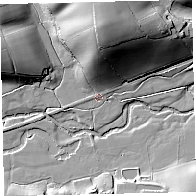 Shaded relief map of the ground around EX173QW, computed from Environment Agency LiDAR. The ground here sits at about 46 m above sea level and falls 55 m across the surrounding 800 m. Surface water reaching this point runs off ground lying to the north, 35.4 m higher.