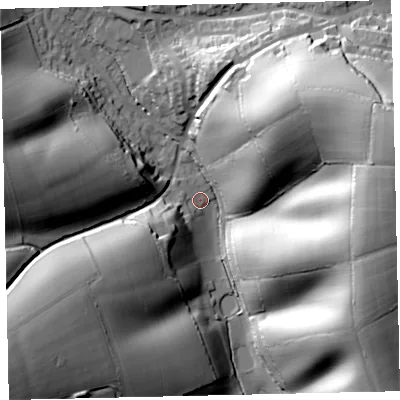 Shaded relief map of the ground around EX173SZ, computed from Environment Agency LiDAR. The ground here sits at about 62 m above sea level and falls 71 m across the surrounding 800 m. Surface water reaching this point runs off ground lying to the south-west, 12.4 m higher.