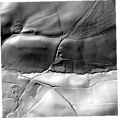 Shaded relief map of the ground around EX174AY, computed from Environment Agency LiDAR. The ground here sits at about 97 m above sea level and falls 69 m across the surrounding 800 m. Surface water reaching this point runs off ground lying to the north-north-east, 38.9 m higher.