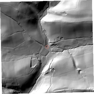 Shaded relief map of the ground around EX174BA, computed from Environment Agency LiDAR. The ground here sits at about 89 m above sea level and falls 61 m across the surrounding 800 m. Surface water reaching this point runs off ground lying to the north-west, 53.7 m higher.