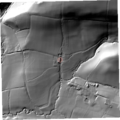 Shaded relief map of the ground around EX174BD, computed from Environment Agency LiDAR. The ground here sits at about 102 m above sea level and falls 65 m across the surrounding 800 m. Surface water reaching this point runs off ground lying to the north, 50.8 m higher.