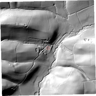 Shaded relief map of the ground around EX174BE, computed from Environment Agency LiDAR. The ground here sits at about 85 m above sea level and falls 62 m across the surrounding 800 m. Surface water reaching this point runs off ground lying to the west-north-west, 54.7 m higher.