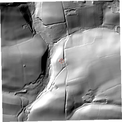 Shaded relief map of the ground around EX174BH, computed from Environment Agency LiDAR. The ground here sits at about 95 m above sea level and falls 63 m across the surrounding 800 m. Surface water reaching this point runs off ground lying to the east, 12.2 m higher.