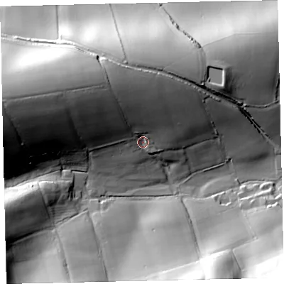 Shaded relief map of the ground around EX174EA, computed from Environment Agency LiDAR. The ground here sits at about 78 m above sea level and falls 50 m across the surrounding 800 m. Surface water reaching this point runs off ground lying to the north-west, 26.5 m higher.