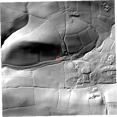 Shaded relief map of the ground around EX174JE, computed from Environment Agency LiDAR. The ground here sits at about 97 m above sea level and falls 47 m across the surrounding 800 m. Surface water reaching this point runs off ground lying to the north-west, 30.8 m higher.