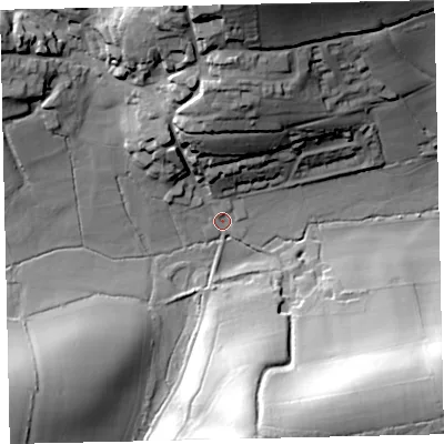 Shaded relief map of the ground around EX174NW, computed from Environment Agency LiDAR. The ground here sits at about 53 m above sea level and falls 49 m across the surrounding 800 m. Surface water reaching this point runs off ground lying to the north, 44.3 m higher.