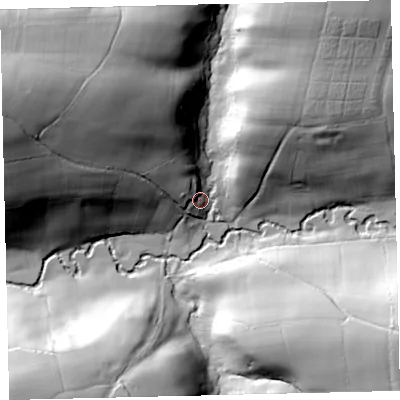 Shaded relief map of the ground around EX174QG, computed from Environment Agency LiDAR. The ground here sits at about 125 m above sea level and falls 56 m across the surrounding 800 m. Surface water reaching this point runs off ground lying to the north-west, 42.0 m higher.