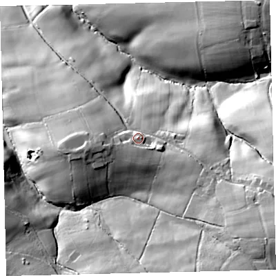 Shaded relief map of the ground around EX174QJ, computed from Environment Agency LiDAR. The ground here sits at about 177 m above sea level and falls 63 m across the surrounding 800 m. Surface water reaching this point runs off ground lying to the east-south-east, 6.6 m higher.