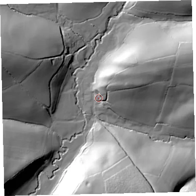 Shaded relief map of the ground around EX174RT, computed from Environment Agency LiDAR. The ground here sits at about 96 m above sea level and falls 59 m across the surrounding 800 m. Surface water reaching this point runs off ground lying to the east-north-east, 28.9 m higher.