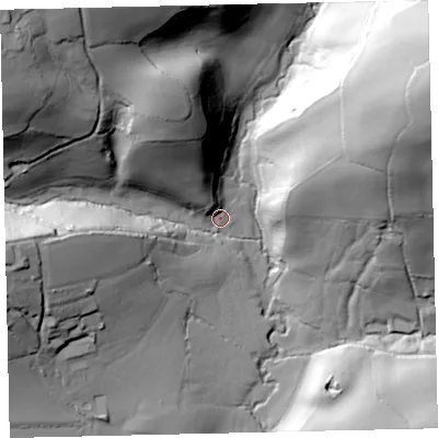 Shaded relief map of the ground around EX174RY, computed from Environment Agency LiDAR. The ground here sits at about 107 m above sea level and falls 77 m across the surrounding 800 m. Surface water reaching this point runs off ground lying to the north-west, 66.7 m higher.