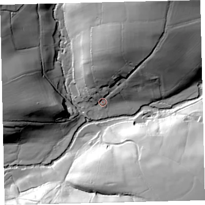 Shaded relief map of the ground around EX174SL, computed from Environment Agency LiDAR. The ground here sits at about 122 m above sea level and falls 59 m across the surrounding 800 m. Surface water reaching this point runs off ground lying to the north-north-east, 42.2 m higher.