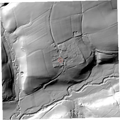 Shaded relief map of the ground around EX174TS, computed from Environment Agency LiDAR. The ground here sits at about 145 m above sea level and falls 50 m across the surrounding 800 m. Surface water reaching this point runs off ground lying to the north-north-west, 17.0 m higher.