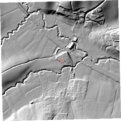 Shaded relief map of the ground around EX175BL, computed from Environment Agency LiDAR. The ground here sits at about 70 m above sea level and falls 37 m across the surrounding 800 m. Surface water reaching this point runs off ground lying to the north-east, 3.7 m higher.