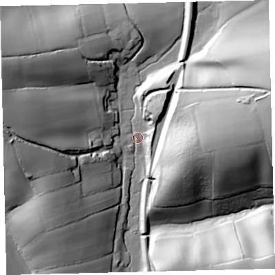 Shaded relief map of the ground around EX175BZ, computed from Environment Agency LiDAR. The ground here sits at about 78 m above sea level and falls 48 m across the surrounding 800 m. Surface water reaching this point runs off ground lying to the west, 41.7 m higher.