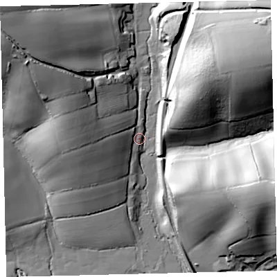Shaded relief map of the ground around EX175DB, computed from Environment Agency LiDAR. The ground here sits at about 79 m above sea level and falls 50 m across the surrounding 800 m. Surface water reaching this point runs off ground lying to the north-west, 47.2 m higher.