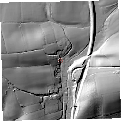 Shaded relief map of the ground around EX175DD, computed from Environment Agency LiDAR. The ground here sits at about 80 m above sea level and falls 48 m across the surrounding 800 m. Surface water reaching this point runs off ground lying to the west-north-west, 26.3 m higher.