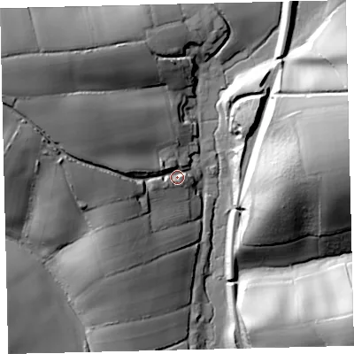Shaded relief map of the ground around EX175DE, computed from Environment Agency LiDAR. The ground here sits at about 85 m above sea level and falls 53 m across the surrounding 800 m. Surface water reaching this point runs off ground lying to the west-north-west, 44.6 m higher.