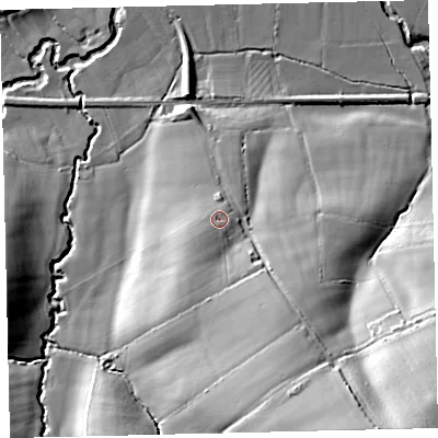 Shaded relief map of the ground around EX175ER, computed from Environment Agency LiDAR. The ground here sits at about 71 m above sea level and falls 40 m across the surrounding 800 m. Surface water reaching this point runs off ground lying to the south-south-west, 3.3 m higher.