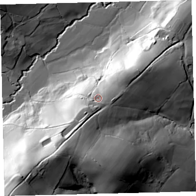 Shaded relief map of the ground around EX175EY, computed from Environment Agency LiDAR. The ground here sits at about 117 m above sea level and falls 77 m across the surrounding 800 m. Surface water reaching this point runs off ground lying to the south-west, 8.0 m higher.
