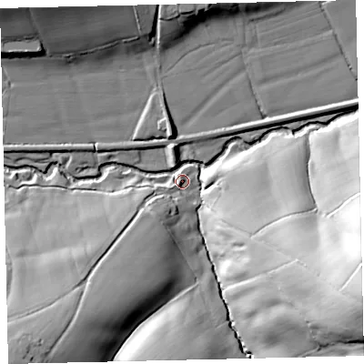 Shaded relief map of the ground around EX175HL, computed from Environment Agency LiDAR. The ground here sits at about 56 m above sea level and falls 55 m across the surrounding 800 m. Surface water reaching this point runs off ground lying to the south-west, 10.2 m higher.