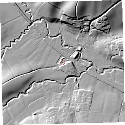 Shaded relief map of the ground around EX175JB, computed from Environment Agency LiDAR. The ground here sits at about 67 m above sea level and falls 44 m across the surrounding 800 m. Surface water reaching this point runs off ground lying to the east, 4.5 m higher.
