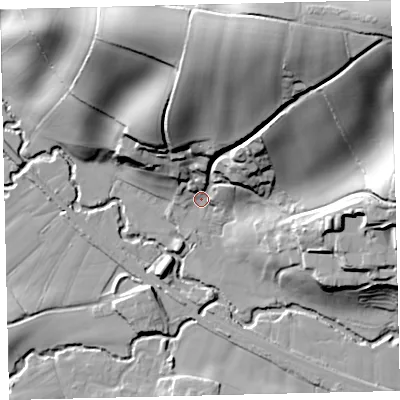 Shaded relief map of the ground around EX175JD, computed from Environment Agency LiDAR. The ground here sits at about 68 m above sea level and falls 58 m across the surrounding 800 m. Surface water reaching this point runs off ground lying to the north-east, 52.9 m higher.