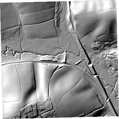 Shaded relief map of the ground around EX175JL, computed from Environment Agency LiDAR. The ground here sits at about 75 m above sea level and falls 62 m across the surrounding 800 m. Surface water reaching this point runs off ground lying to the east-south-east, 8.8 m higher.