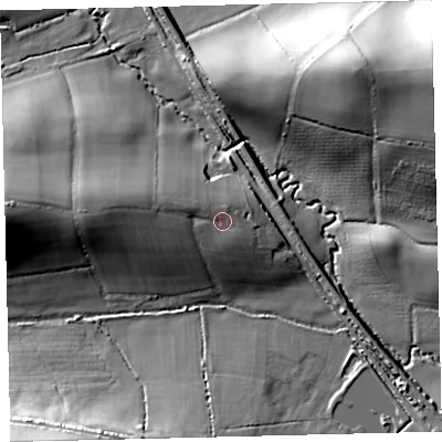 Shaded relief map of the ground around EX175LS, computed from Environment Agency LiDAR. The ground here sits at about 93 m above sea level and falls 30 m across the surrounding 800 m. Surface water reaching this point runs off ground lying to the west-north-west, 3.9 m higher.