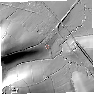 Shaded relief map of the ground around EX175LW, computed from Environment Agency LiDAR. The ground here sits at about 92 m above sea level and falls 52 m across the surrounding 800 m. Surface water reaching this point runs off ground lying to the west, 11.4 m higher.