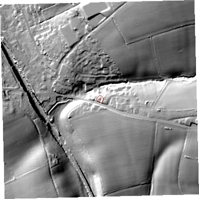 Shaded relief map of the ground around EX175NR, computed from Environment Agency LiDAR. The ground here sits at about 112 m above sea level and falls 55 m across the surrounding 800 m. Surface water reaching this point runs off ground lying to the east, 18.0 m higher.