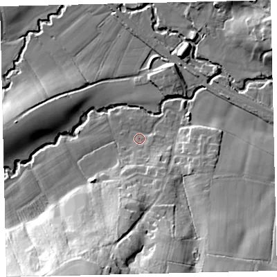 Shaded relief map of the ground around EX175PW, computed from Environment Agency LiDAR. The ground here sits at about 68 m above sea level and falls 37 m across the surrounding 800 m. Surface water reaching this point runs off ground lying to the south-south-west, 30.3 m higher.