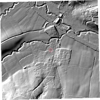 Shaded relief map of the ground around EX175PY, computed from Environment Agency LiDAR. The ground here sits at about 67 m above sea level and falls 35 m across the surrounding 800 m. Surface water reaching this point runs off ground lying to the south, 7.4 m higher.