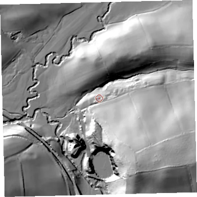 Shaded relief map of the ground around EX176AA, computed from Environment Agency LiDAR. The ground here sits at about 88 m above sea level and falls 60 m across the surrounding 800 m. Surface water reaching this point runs off ground lying to the south-east, 46.3 m higher.