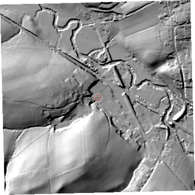 Shaded relief map of the ground around EX176AE, computed from Environment Agency LiDAR. The ground here sits at about 78 m above sea level and falls 49 m across the surrounding 800 m. Surface water reaching this point runs off ground lying to the south-west, 42.7 m higher.