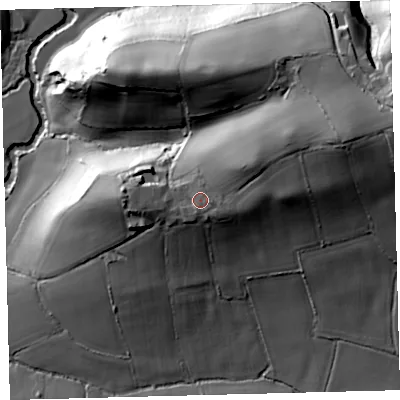 Shaded relief map of the ground around EX176BP, computed from Environment Agency LiDAR. The ground here sits at about 117 m above sea level and falls 56 m across the surrounding 800 m. Surface water reaching this point runs off ground lying to the east-north-east, 9.8 m higher.